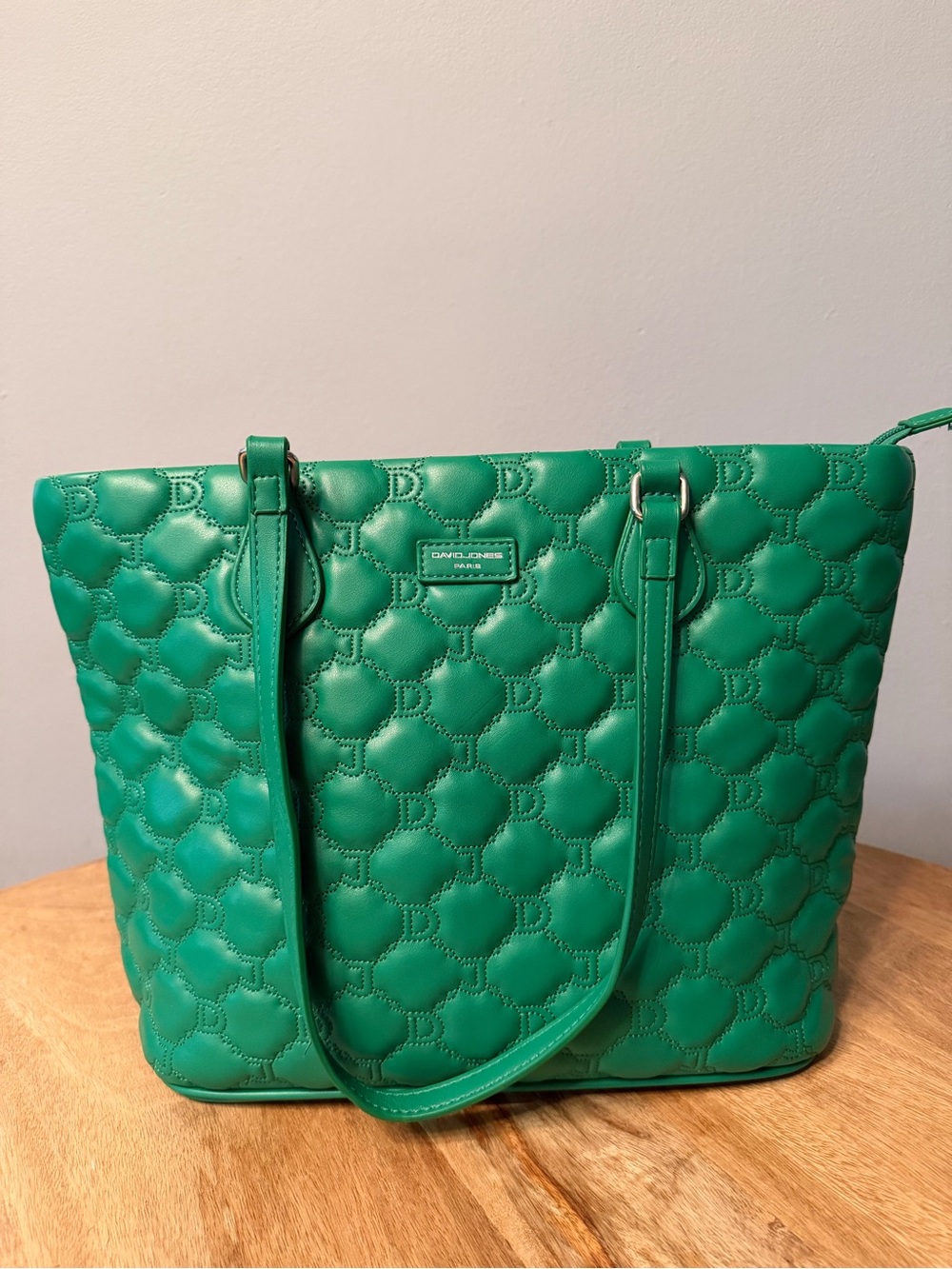 Green Quilted Shoulder Tote with Subtle Logo Plaque